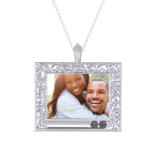 Rectangular Engravable Filligree Photo Frame Necklace – Sterling Silver with Alexandrite