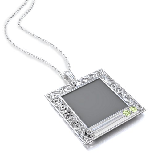 Square Engravable Filligree Photo Frame Necklace – Sterling Silver with Peridot