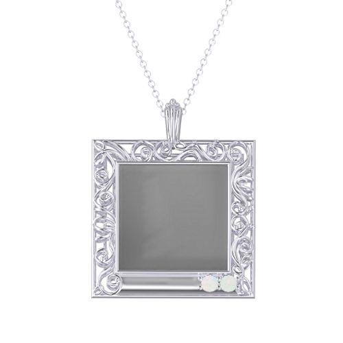Square Engravable Filligree Photo Frame Necklace – Sterling Silver with Opal