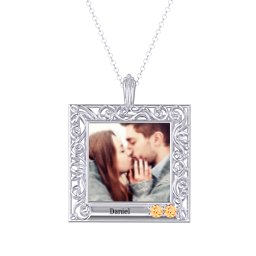 Square Engravable Filligree Photo Frame Necklace in 925 Sterling Silver with Citrine and Amethyst