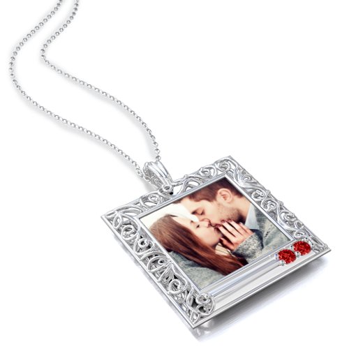 Square Engravable Filligree Photo Frame Necklace – Sterling Silver with Garnet