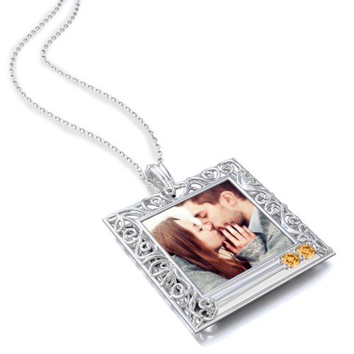 Square Engravable Filligree Photo Frame Necklace – Sterling Silver with Citrine