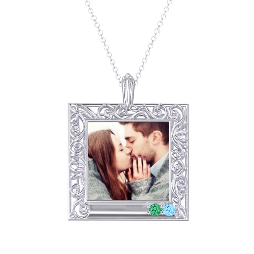 Square Engravable Filligree Photo Frame Necklace – Sterling Silver with Emerald and Blue Topaz