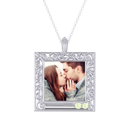 Square Engravable Filligree Photo Frame Necklace – Sterling Silver with Peridot