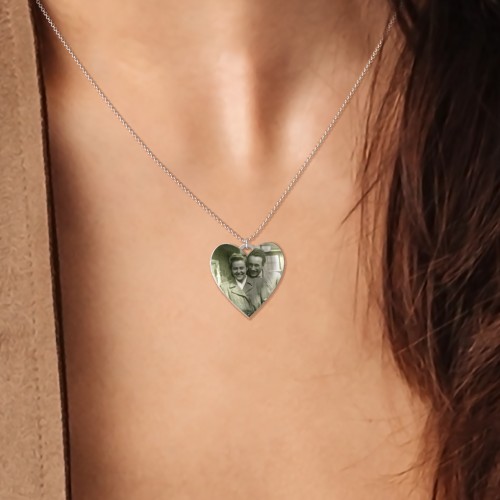Photo Heart Pendant with Engravable Back – Sterling Silver