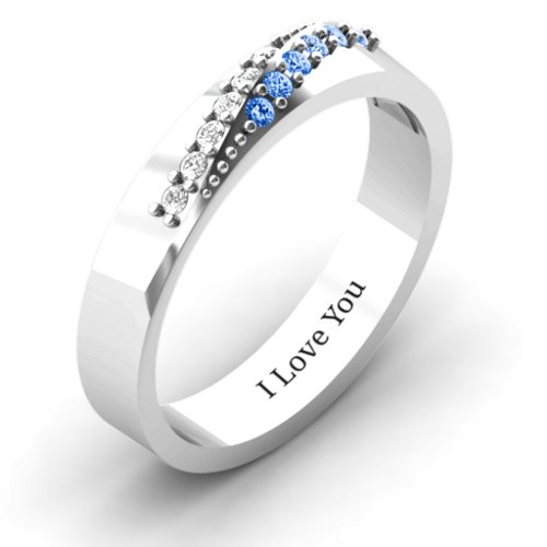 Women's Ridge Accent Diagonal Peak Ring – Sterling Silver with White Premium Zirconia and Fancy Blue Premium Zirconia