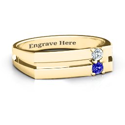 Women's Crevice Grooved Ring in 14K Solid Yellow Gold with Cubic Zirconia and Blue Sapphire