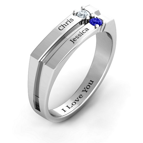 Women's Crevice Grooved Ring – Sterling Silver with Cubic Zirconia and Blue Sapphire