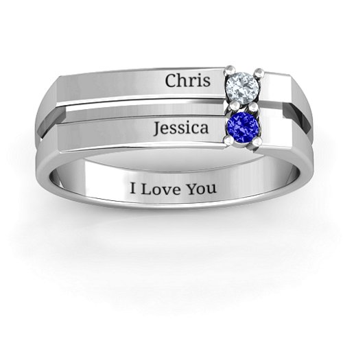 Women's Crevice Grooved Ring – Sterling Silver with Cubic Zirconia and Blue Sapphire