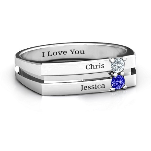 Women's Crevice Grooved Ring – Sterling Silver with Cubic Zirconia and Blue Sapphire
