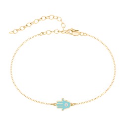 Hamsa Anklet with Accent Stone in 18K Gold Plated Silver with Fancy Blue Premium Zirconia
