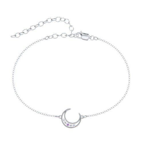 Moon Anklet with Accent Stones – Sterling Silver with White Premium Zirconia and Amethyst Premium Zirconia