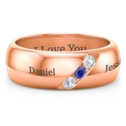 Men's Triple Stone Grooved Ring in 10K Solid Rose Gold with Cubic Zirconia and Blue Sapphire