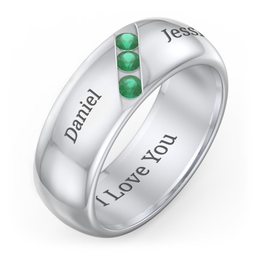 Men's Triple Stone Grooved Ring – Sterling Silver with Emerald