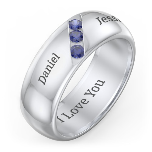 Men's Triple Stone Grooved Ring – Sterling Silver with Blue Sapphire