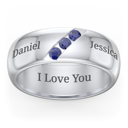 Men's Triple Stone Grooved Ring – Sterling Silver with Blue Sapphire