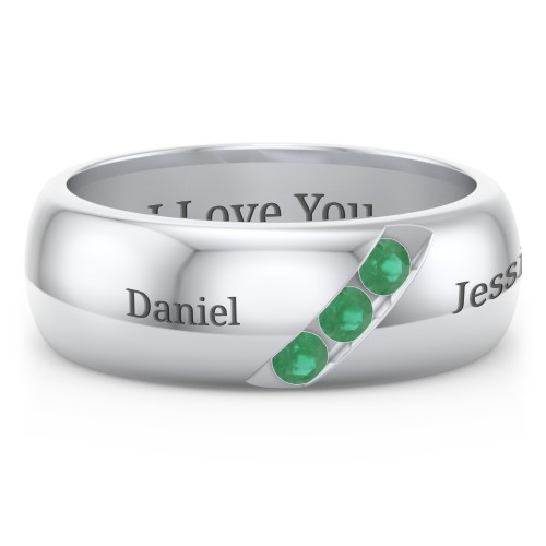 Men's Triple Stone Grooved Ring – Sterling Silver with Emerald