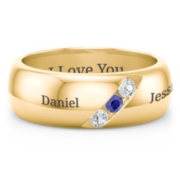 Men's Triple Stone Grooved Ring in 10K Solid Yellow Gold with Cubic Zirconia and Blue Sapphire
