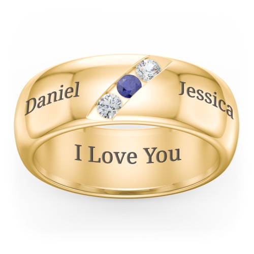 Men's Triple Stone Grooved Ring – 10K Yellow Gold with Cubic Zirconia and Blue Sapphire