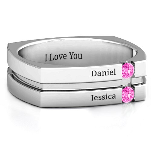 Men's Crevice Grooved Square-shaped Gemstone Ring – Sterling Silver with Pink Tourmaline