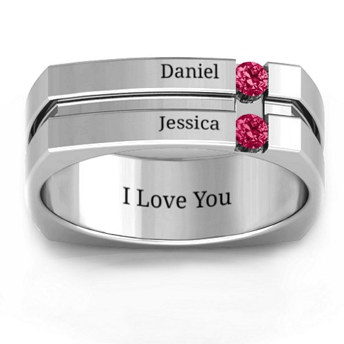 Men's Crevice Grooved Square-shaped Gemstone Ring – Sterling Silver with Ruby