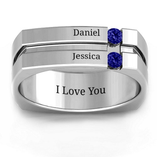 Men's Crevice Grooved Square-shaped Gemstone Ring – Sterling Silver with Blue Sapphire