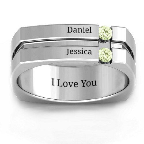 Men's Crevice Grooved Square-shaped Gemstone Ring – Sterling Silver with Peridot