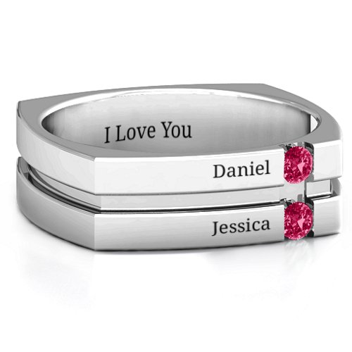 Men's Crevice Grooved Square-shaped Gemstone Ring – Sterling Silver with Ruby