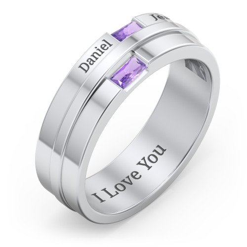 Men's Double Baguette Ring – Sterling Silver with Amethyst