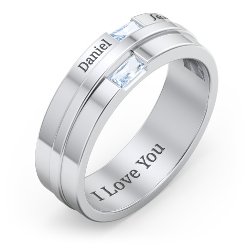 Men's Double Baguette Ring – Sterling Silver with Aquamarine