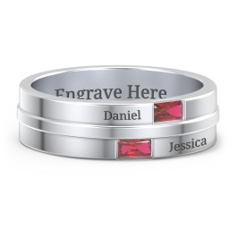 Men's Double Baguette Ring in 925 Sterling Silver with Garnet