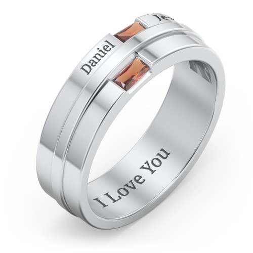 Men's Double Baguette Ring – Sterling Silver with Garnet