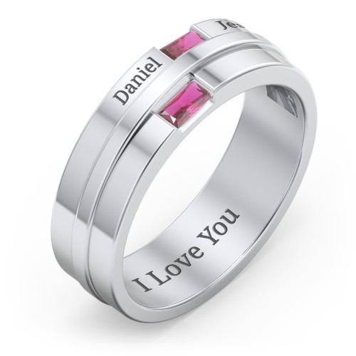Men's Double Baguette Ring – Sterling Silver with Ruby