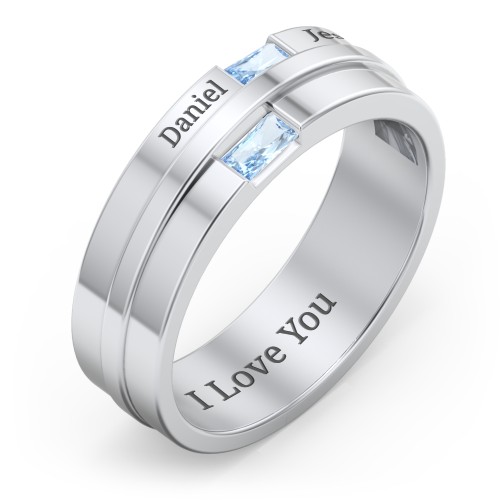 Men's Double Baguette Ring – Sterling Silver with Blue Topaz