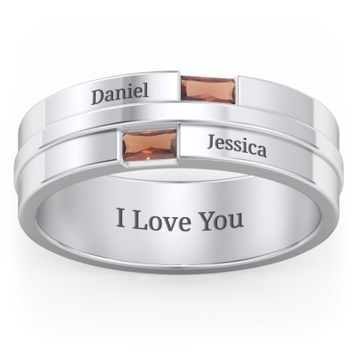 Men's Double Baguette Ring – Sterling Silver with Garnet