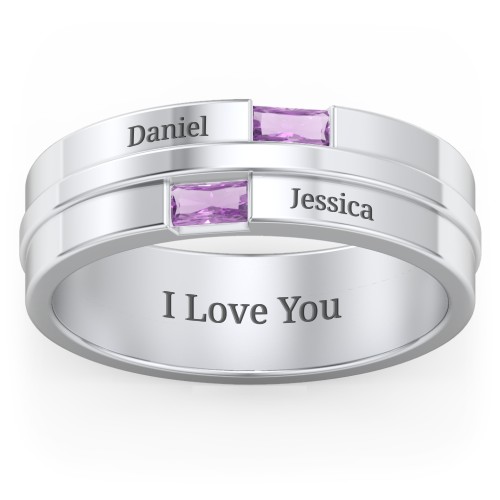 Men's Double Baguette Ring – Sterling Silver with Amethyst