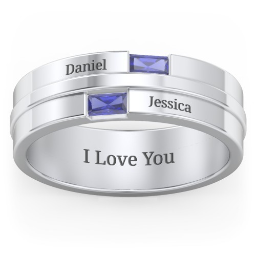 Men's Double Baguette Ring – Sterling Silver with Blue Sapphire