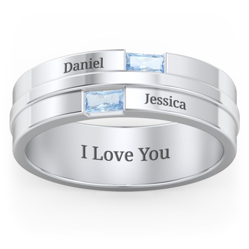 Men's Double Baguette Ring – Sterling Silver with Blue Topaz