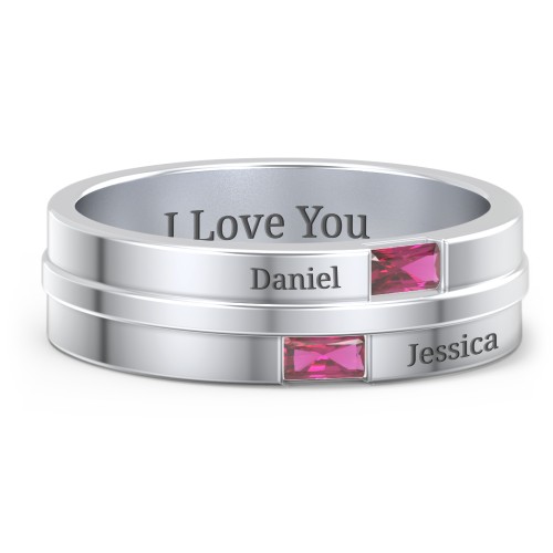Men's Double Baguette Ring – Sterling Silver with Ruby