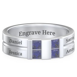 Men's Engravable 4 Stone Grooved Ring in 925 Sterling Silver with Blue Sapphire