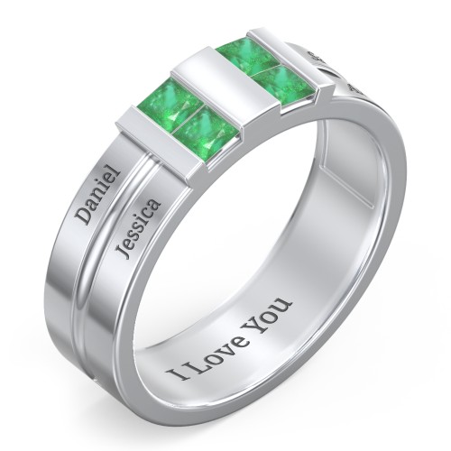 Men's Engravable 4 Stone Grooved Ring – Sterling Silver with Emerald