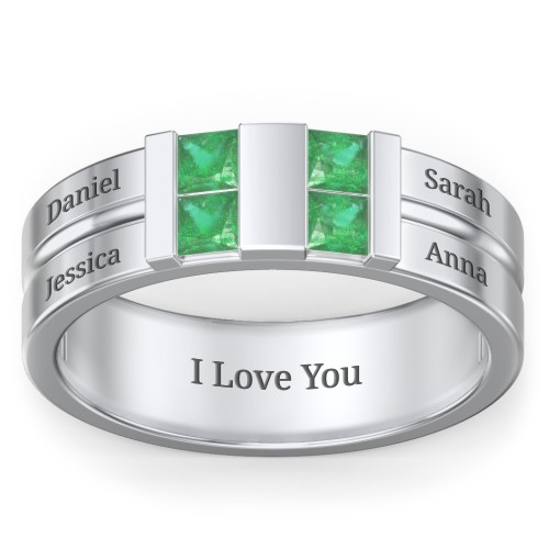 Men's Engravable 4 Stone Grooved Ring – Sterling Silver with Emerald