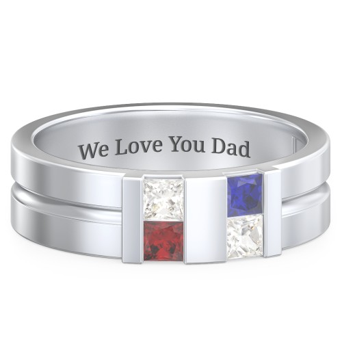 Men's Engravable 4 Stone Grooved Ring – Sterling Silver with Cubic Zirconia, Garnet, and Blue Sapphire
