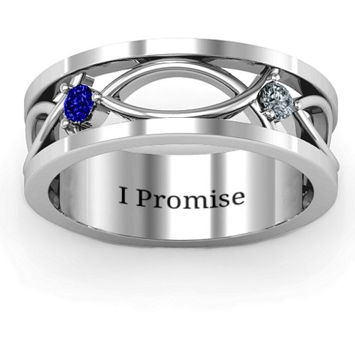 Men's Classic Fish Ring – Sterling Silver with Blue Sapphire and Cubic Zirconia