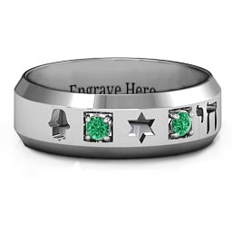 Men's Judaica Ring in 925 Sterling Silver with Emerald