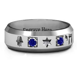 Men's Judaica Ring in 925 Sterling Silver with Blue Sapphire
