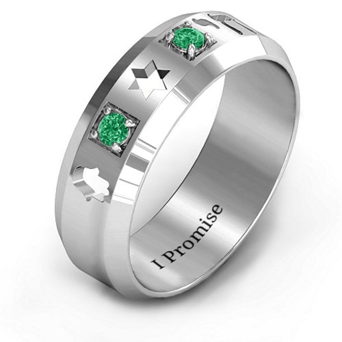 Men's Judaica Ring – Sterling Silver with Emerald