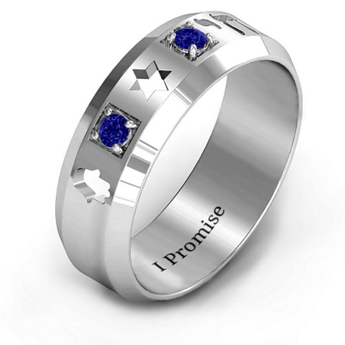 Men's Judaica Ring – Sterling Silver with Blue Sapphire