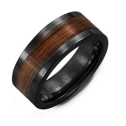 Men's Black Ceramic Ring with Wood Inlay in Ceramic