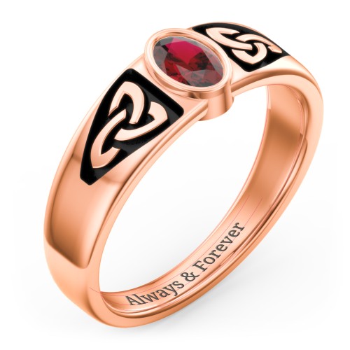 Men's Trinity Knot Ring With Oval Stone – 10K Rose Gold with Garnet